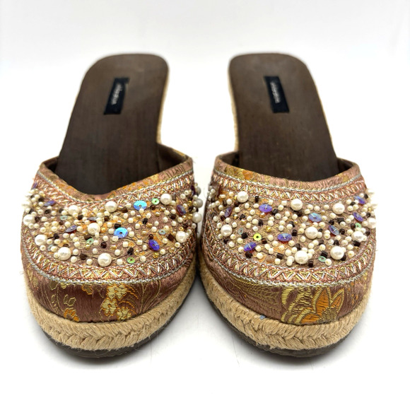 Vintage 90s Y2K Xhilaration Brown Satin Beaded Sequin Espadrille Wedge Heels 6 - Picture 7 of 16